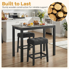 3-Piece Bar Table Set with Charging Station Modern Counter Height Breakfast Table with Faux Marble Top-Grey