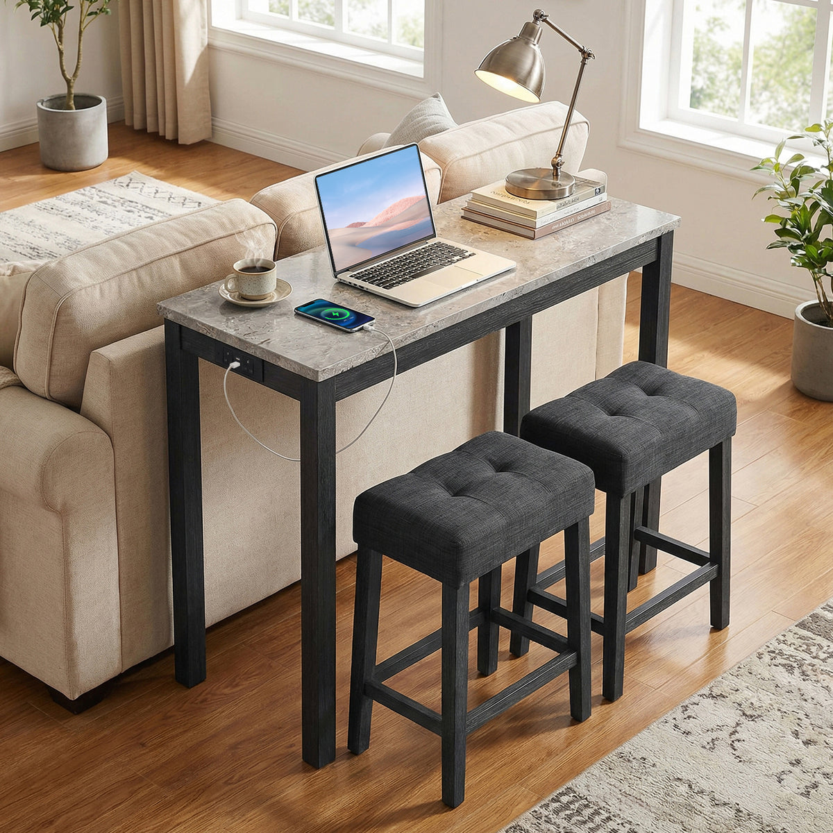 3-Piece Bar Table Set with Charging Station Modern Counter Height Breakfast Table with Faux Marble Top-Grey