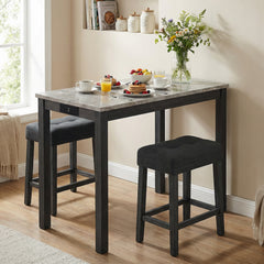 3-Piece Bar Table Set with Charging Station Modern Counter Height Breakfast Table with Faux Marble Top-Grey
