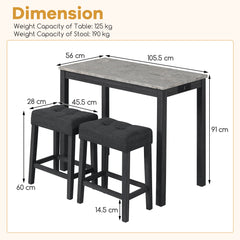 3-Piece Bar Table Set with Charging Station Modern Counter Height Breakfast Table with Faux Marble Top-Grey