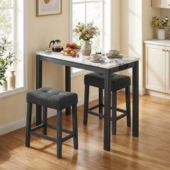 3-Piece Bar Table Set with Charging Station Modern Counter Height Breakfast Table with Faux Marble Top-White