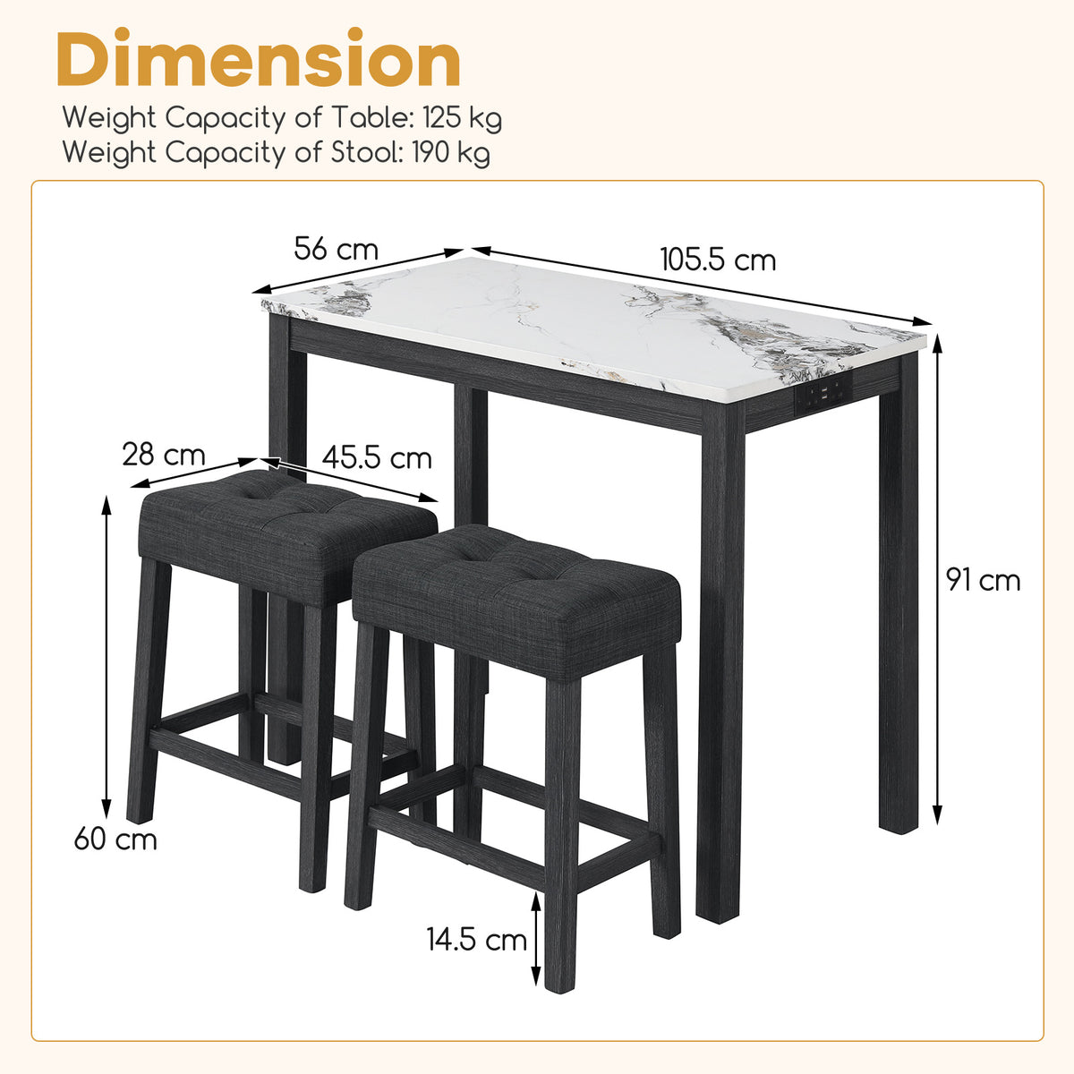 3-Piece Bar Table Set with Charging Station Modern Counter Height Breakfast Table with Faux Marble Top-White