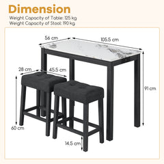 3-Piece Bar Table Set with Charging Station Modern Counter Height Breakfast Table with Faux Marble Top-White