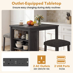 3-Piece Bar Table Set with Power Outlet Counter Height Kitchen Dining Table-Black