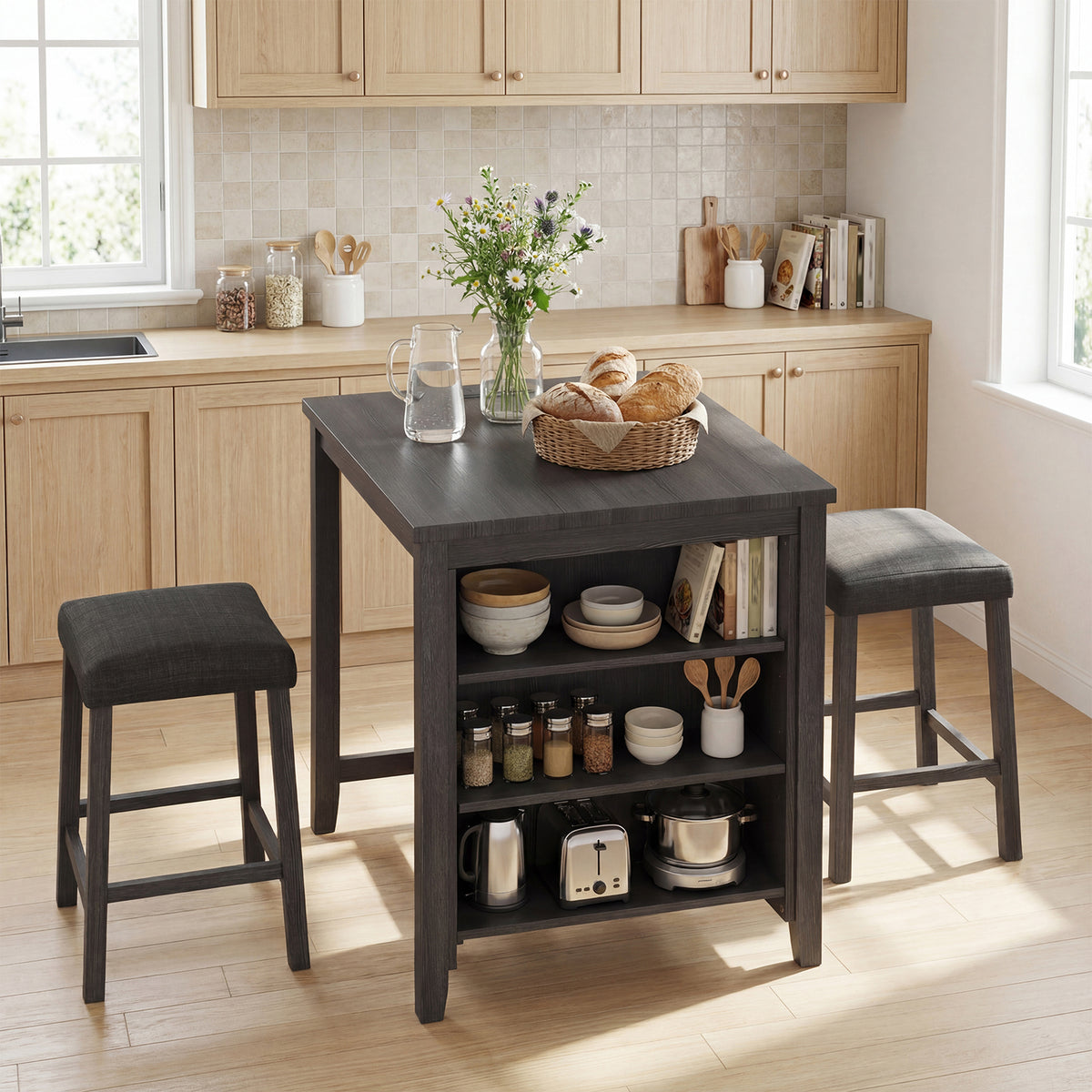 3-Piece Bar Table Set with Power Outlet Counter Height Kitchen Dining Table-Black