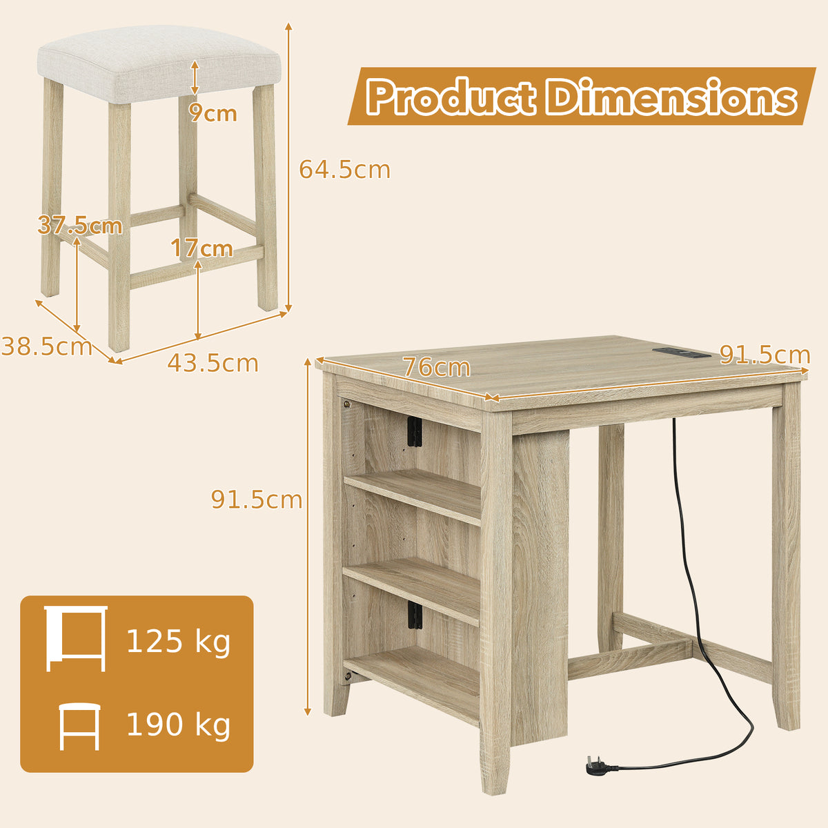 3-Piece Bar Table Set with Power Outlet Counter Height Kitchen Dining Table-Grey