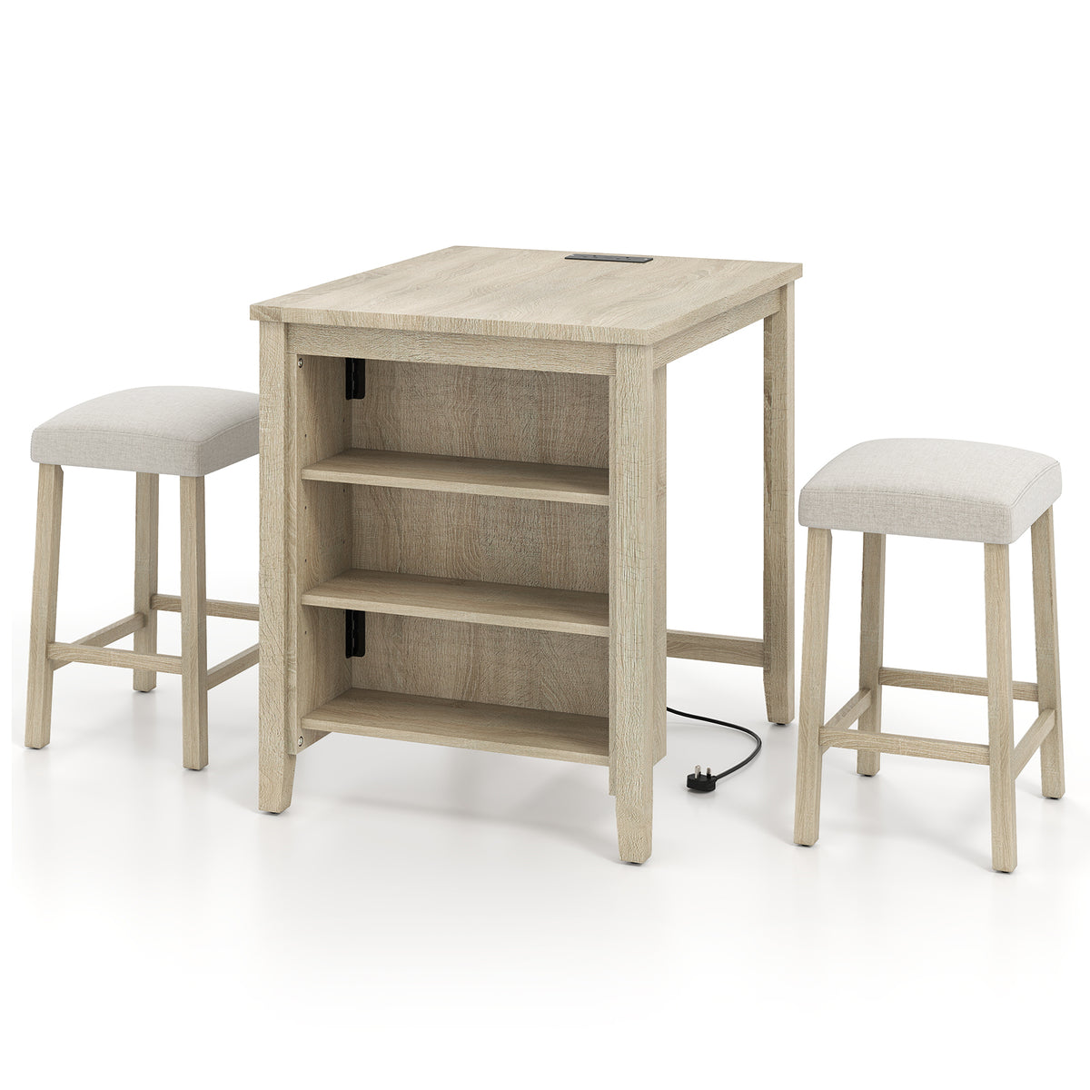 3-Piece Bar Table Set with Power Outlet Counter Height Kitchen Dining Table-Grey