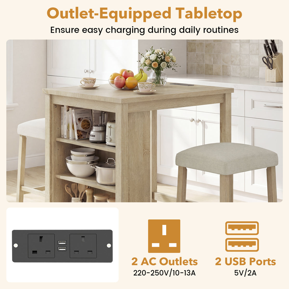 3-Piece Bar Table Set with Power Outlet Counter Height Kitchen Dining Table-Grey