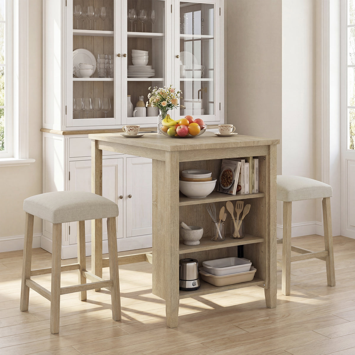 3-Piece Bar Table Set with Power Outlet Counter Height Kitchen Dining Table-Grey