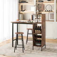 3-Piece Bar Table and Chair Set with Wine Glass Holders and 6-Bottle Wine Racks-Brown