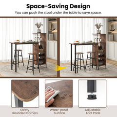 3-Piece Bar Table and Chair Set with Wine Glass Holders and 6-Bottle Wine Racks-Brown