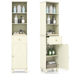 The tall cabinet shown closed and with the drawer and cupboard door open to reveal storage