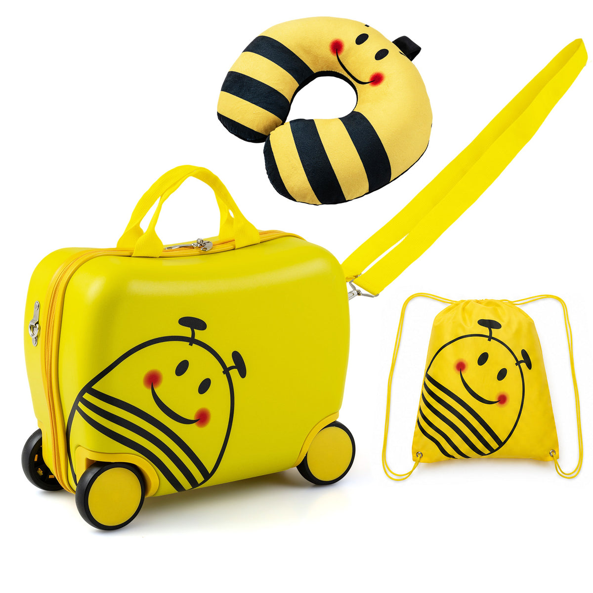 The kids luggage set components including a suitcase, neck pillow and rucksack