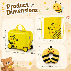 Product dimensions diagram for the kids luggage set showing suitcase, rucksack and neck pillow sizes