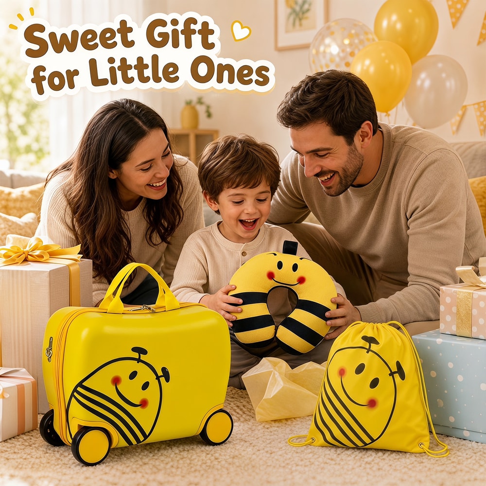 A family is shown with the yellow kids luggage set, a neck pillow and a rucksack