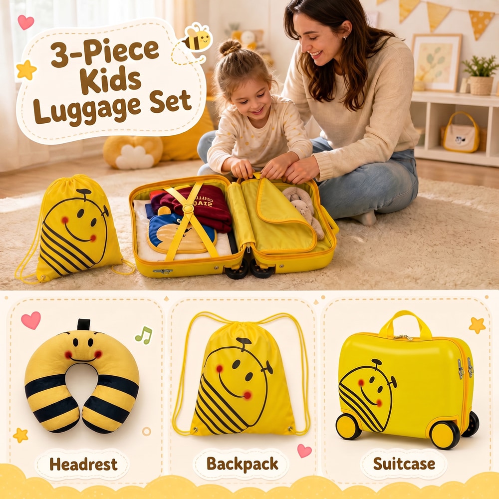 The yellow kids luggage set is displayed with its three parts: neck pillow, rucksack and suitcase