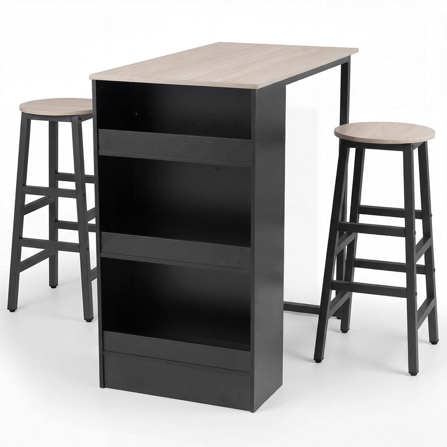 3-Piece Dining Table Set 91 cm Counter Height Bistro Table with 3 Storage Shelves-Rustic Brown