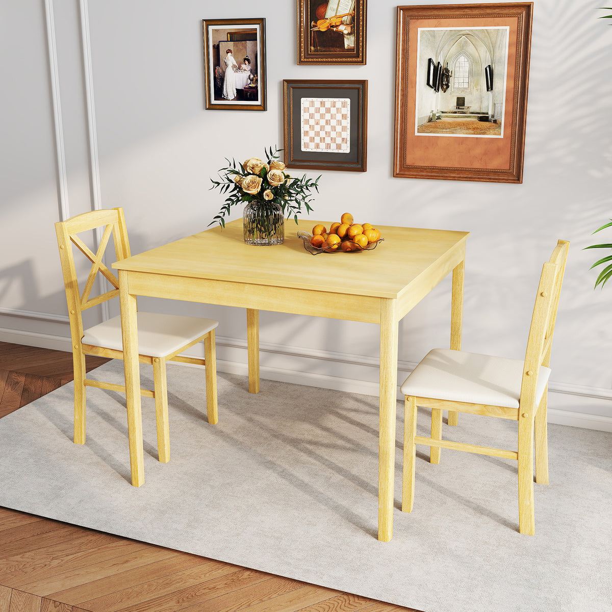 3-Piece Dining Table Set Wooden Square Kitchen Table with 2 Upholstered Chairs for 2 People-Natural