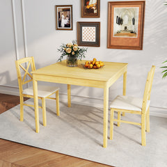 3-Piece Dining Table Set Wooden Square Kitchen Table with 2 Upholstered Chairs for 2 People-Natural