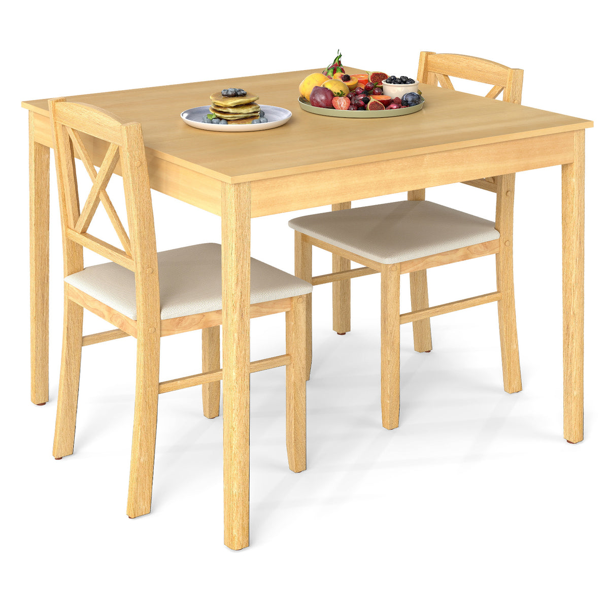 3-Piece Dining Table Set Wooden Square Kitchen Table with 2 Upholstered Chairs for 2 People-Natural