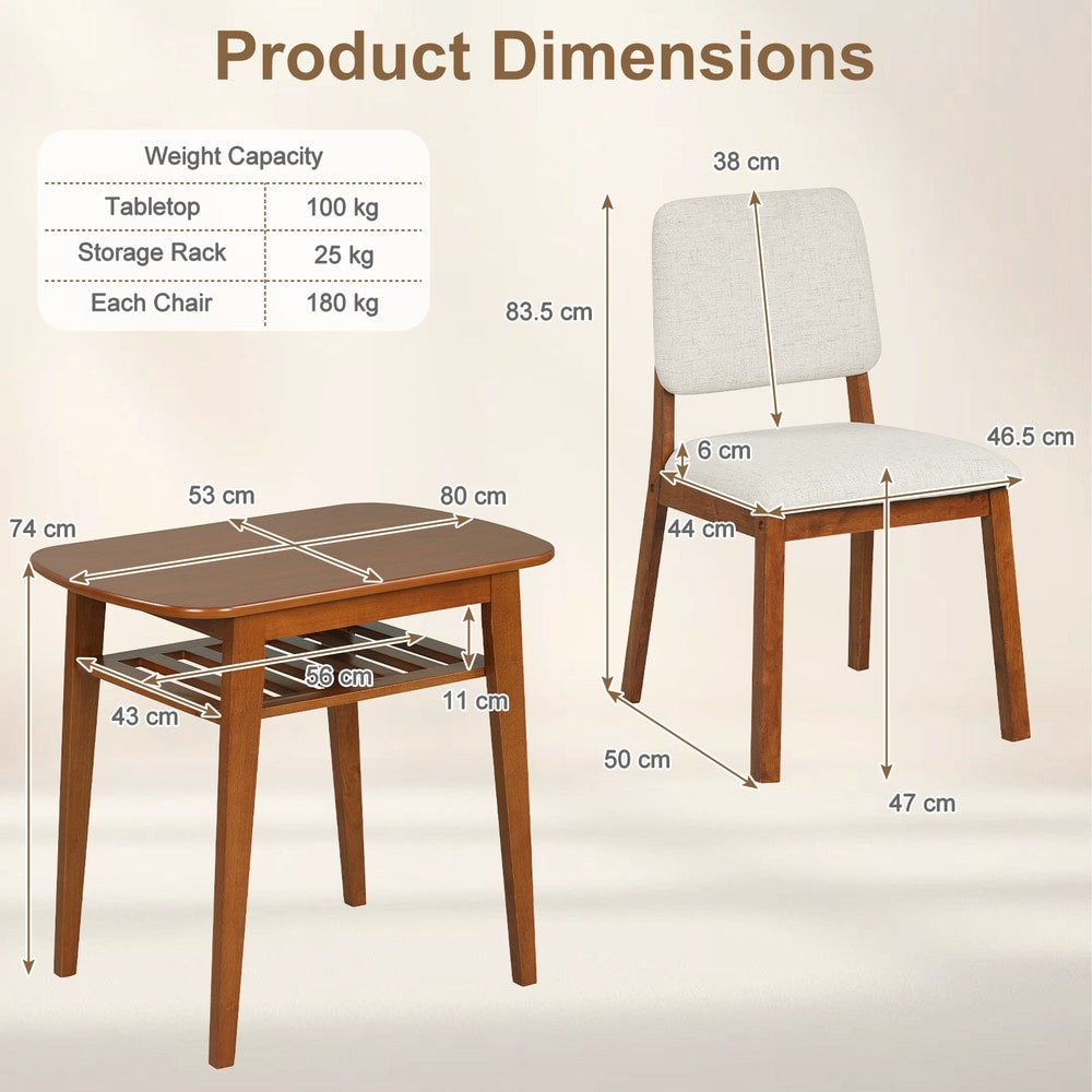 Product dimensions diagram for the dining room set, showing measurements of table and chairs