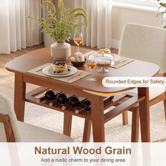 Close-up of the dining table showing rounded edges and natural wood grain texture