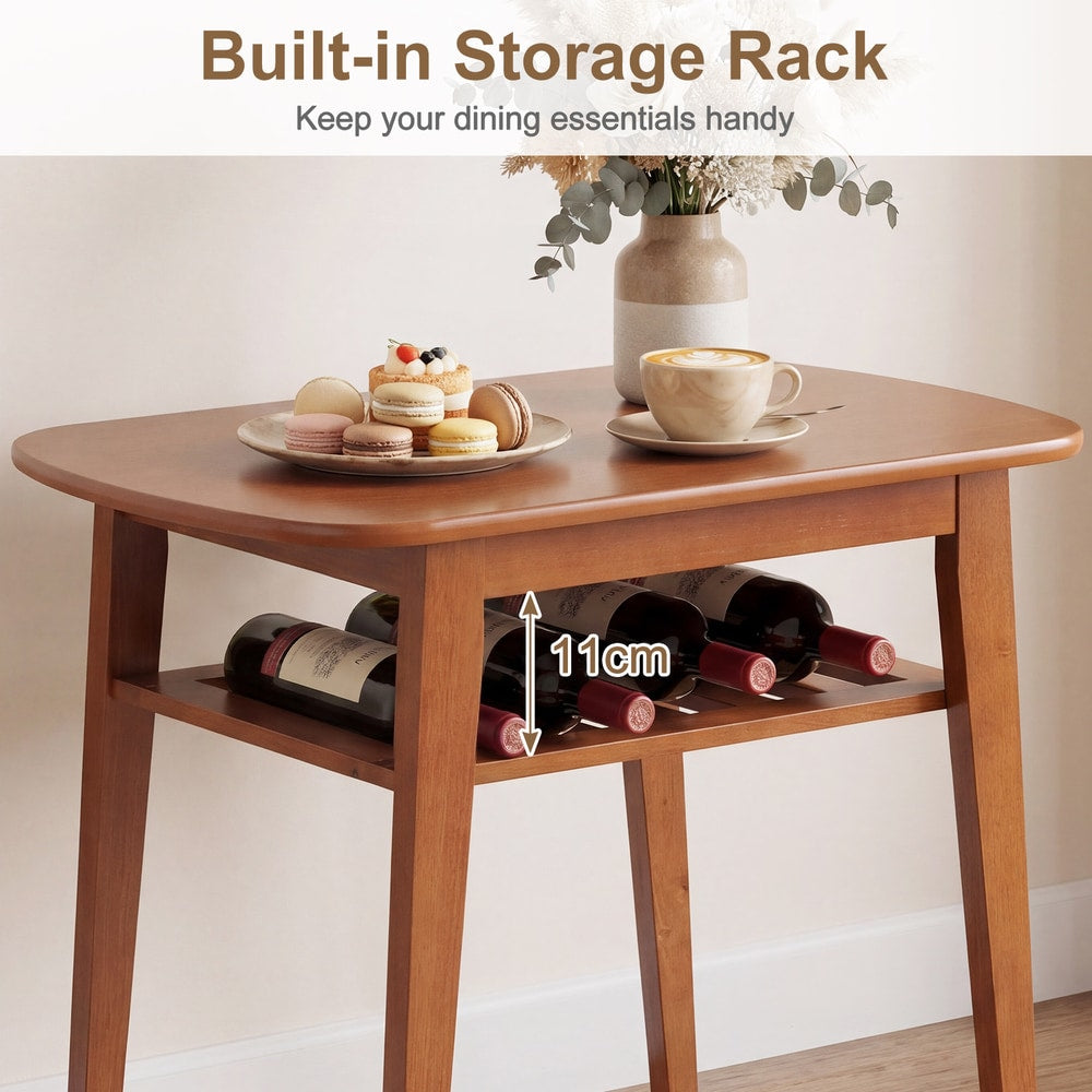 Close-up of the dining table showing the built-in storage rack with wine bottles