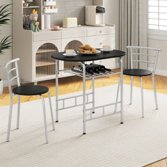 3-Piece Dining Table Set with Wood Grain Tabletop and Extra Wine Rack-Silver