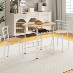 3-Piece Dining Table Set with Wood Grain Tabletop and Extra Wine Rack-White