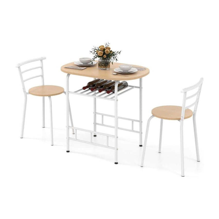 3-Piece Dining Table Set with Wood Grain Tabletop and Extra Wine Rack-White