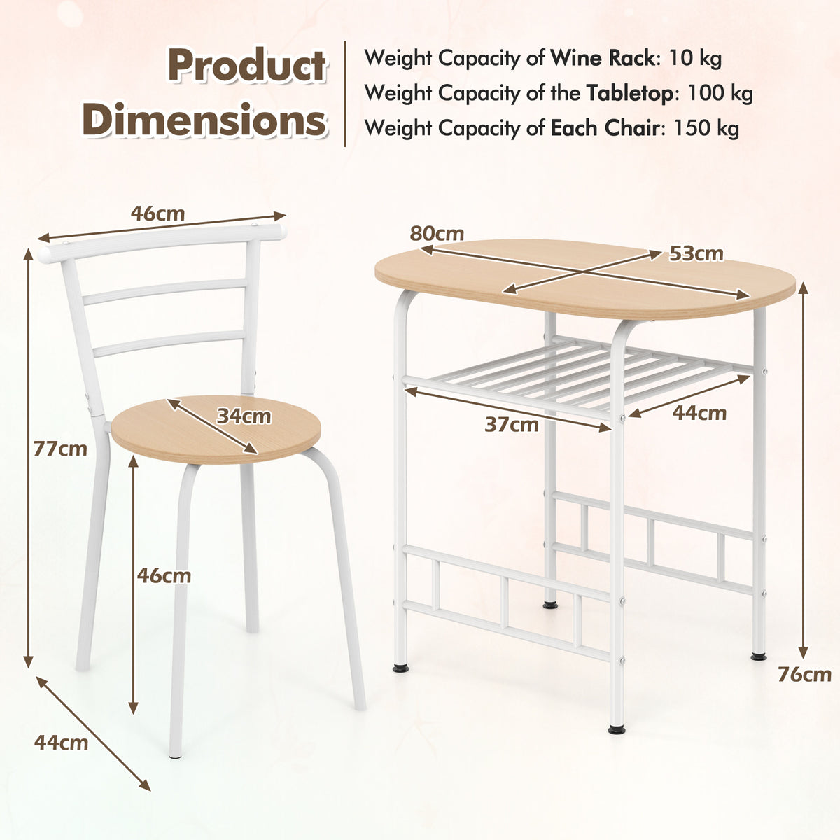 3-Piece Dining Table Set with Wood Grain Tabletop and Extra Wine Rack-White