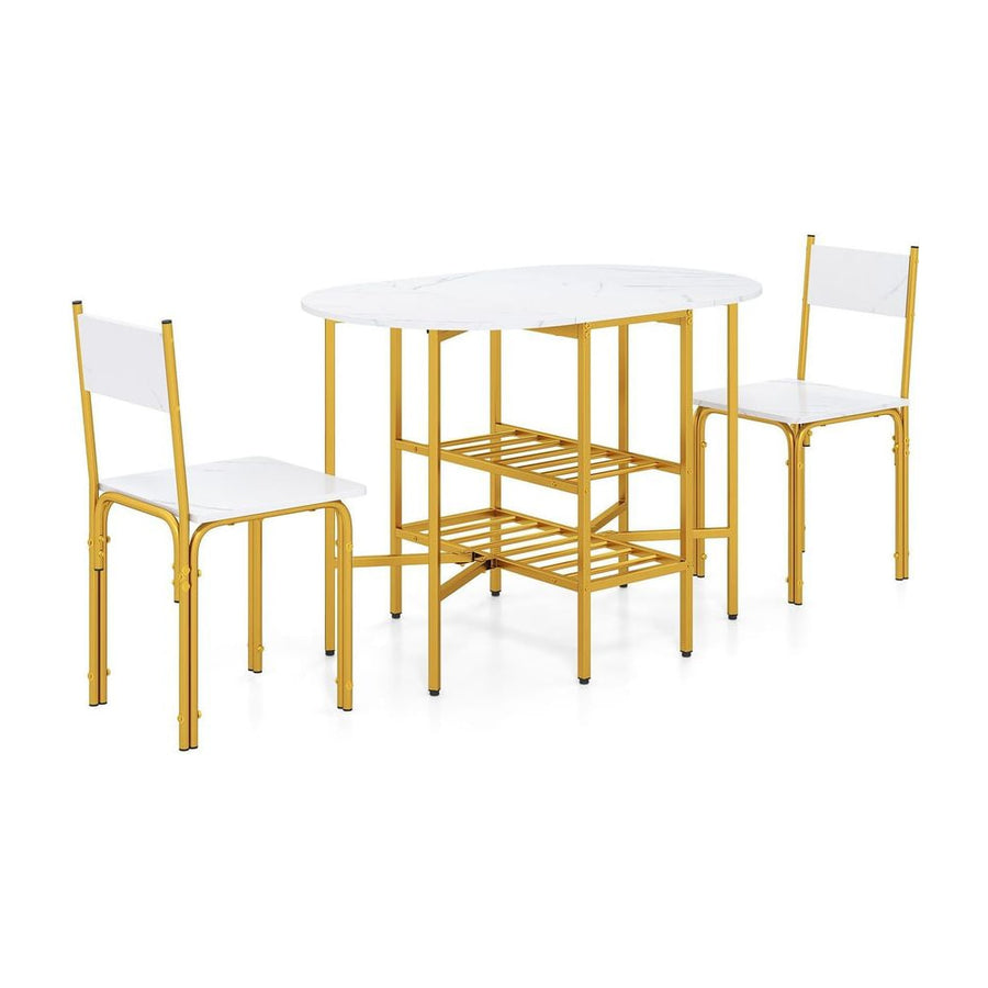 3-Piece Drop Leaf Dining Table Set with 2 Chairs and 2-Tier Storage Shelves for Kitchen-White