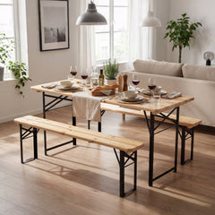 3-Piece Folding Picnic Table with Benches Fir Wood Portable Bear Camping Table-Natural