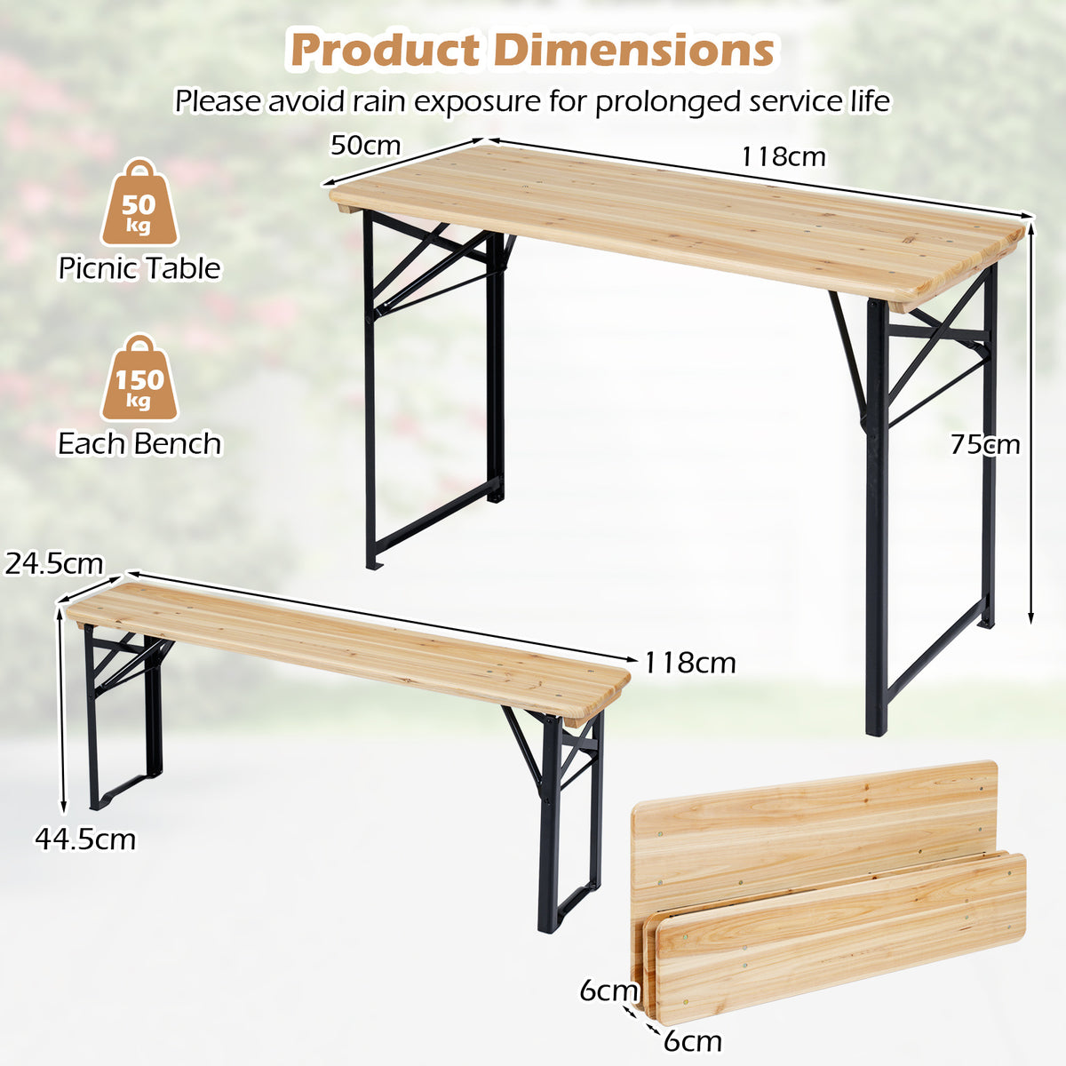 3-Piece Folding Picnic Table with Benches Fir Wood Portable Bear Camping Table-Natural