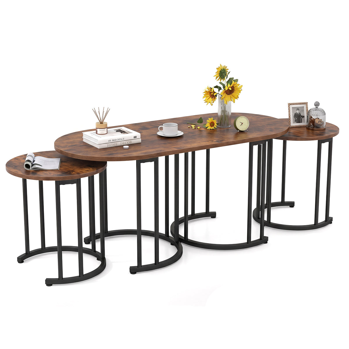 3-Piece Nesting Coffee Table Set with rustic brown oval tops and black metal legs
