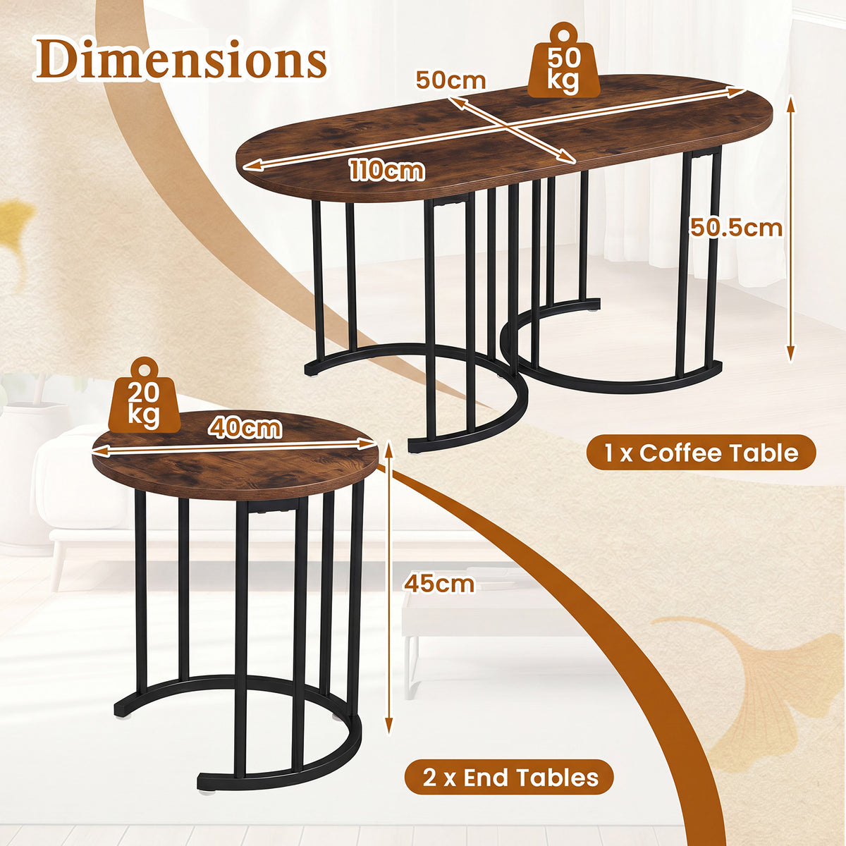 3-Piece Nesting Coffee Table Set 110cm Coffee Table with 2 Side Tables-Rustic Brown