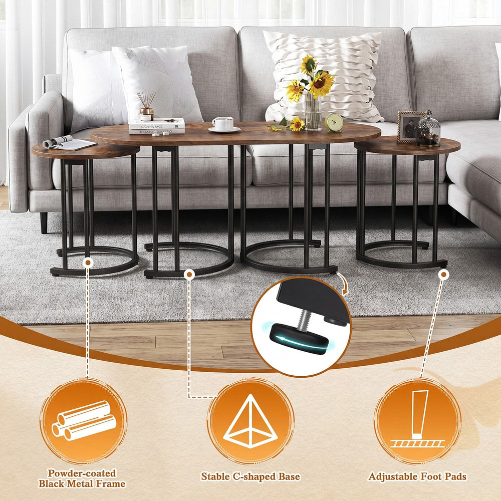 Close up of the rustic brown nesting coffee tables showing construction details