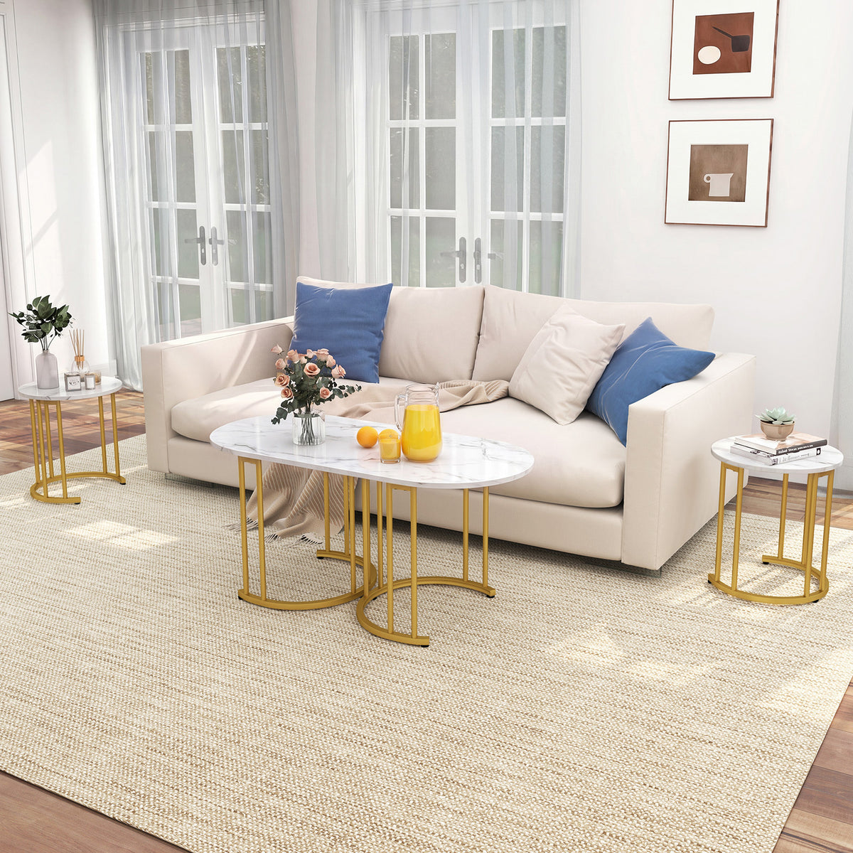 3-Piece Nesting Coffee Table Set 110cm Coffee Table with 2 Side Tables-White