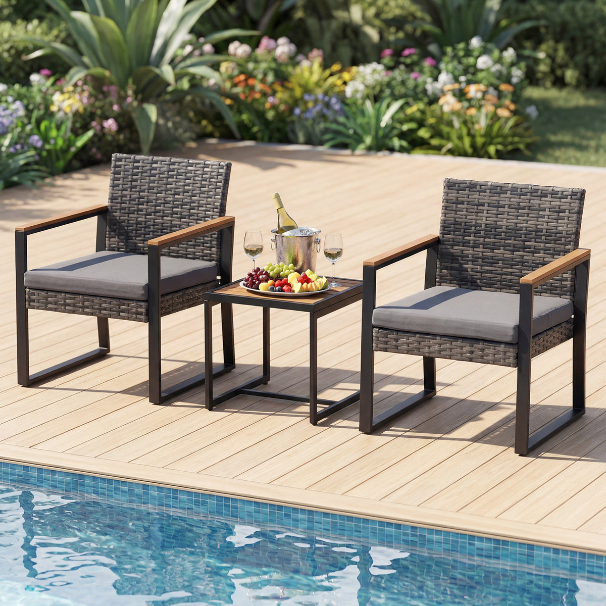 3-Piece PE Wicker Patio Set with Soft Cushion and Side Table for Balcony-Grey