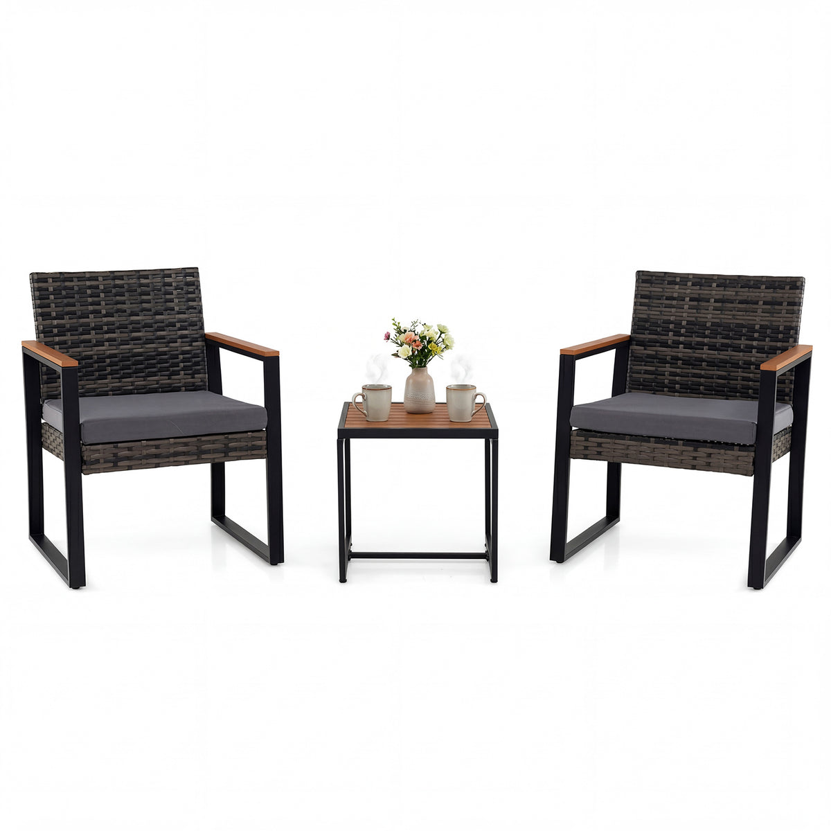 3-Piece PE Wicker Patio Set with Soft Cushion and Side Table for Balcony-Grey