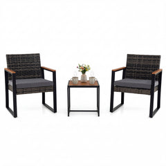 3-Piece PE Wicker Patio Set with Soft Cushion and Side Table for Balcony-Grey