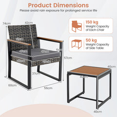 3-Piece PE Wicker Patio Set with Soft Cushion and Side Table for Balcony-Grey