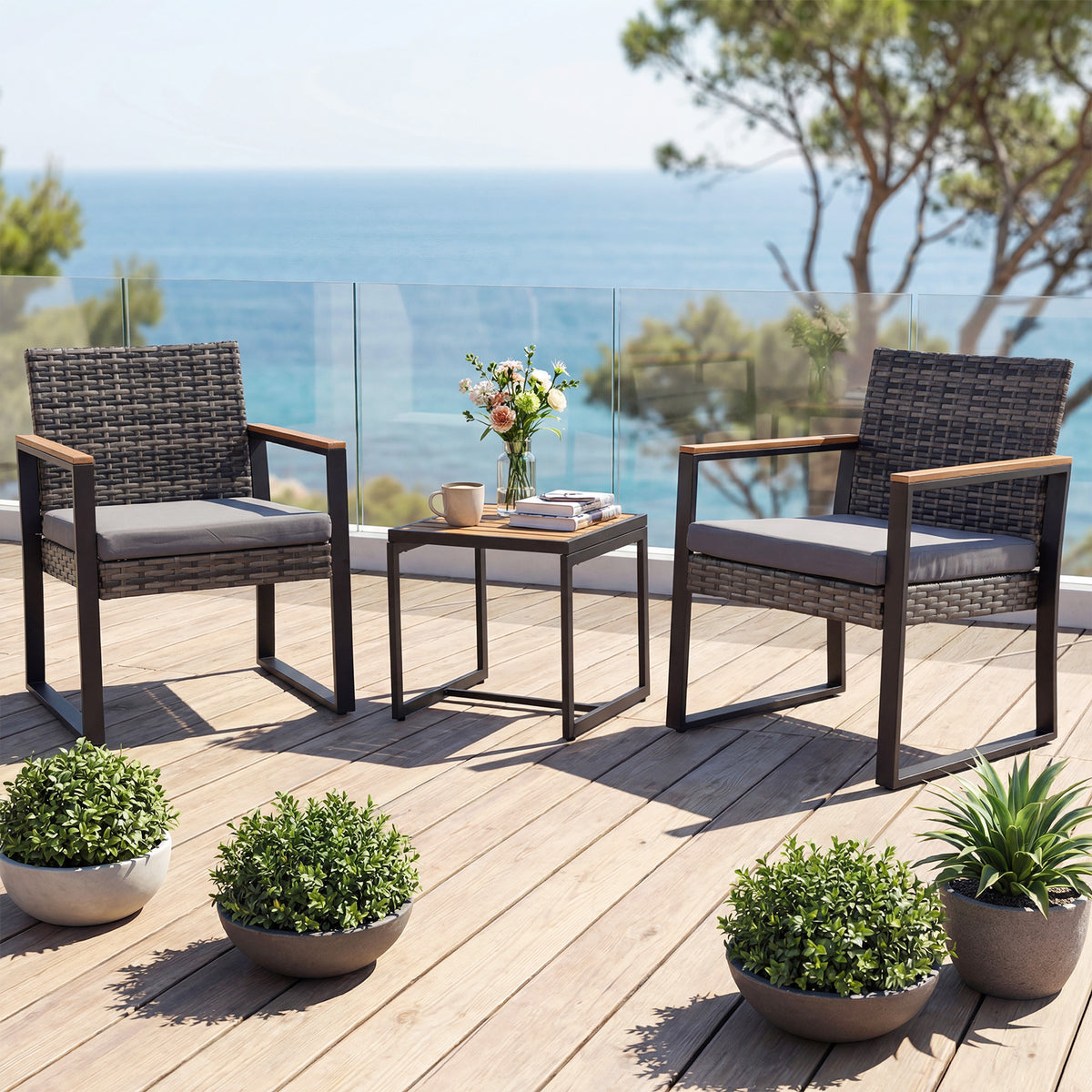 3-Piece PE Wicker Patio Set with Soft Cushion and Side Table for Balcony-Grey