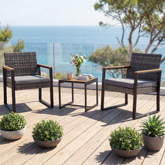 3-Piece PE Wicker Patio Set with Soft Cushion and Side Table for Balcony-Grey