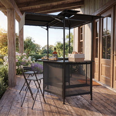 3-Piece Patio Bar Set and Outdoor BBQ Canopy with Bar Table and 2 Folding Bar Stools for Backyard-Grey