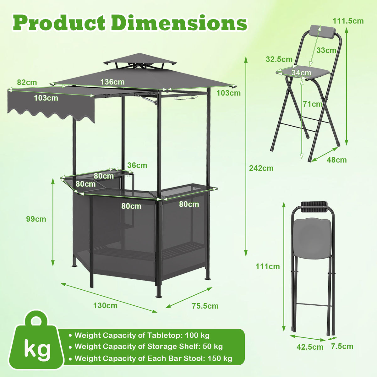 3-Piece Patio Bar Set and Outdoor BBQ Canopy with Bar Table and 2 Folding Bar Stools for Backyard-Grey