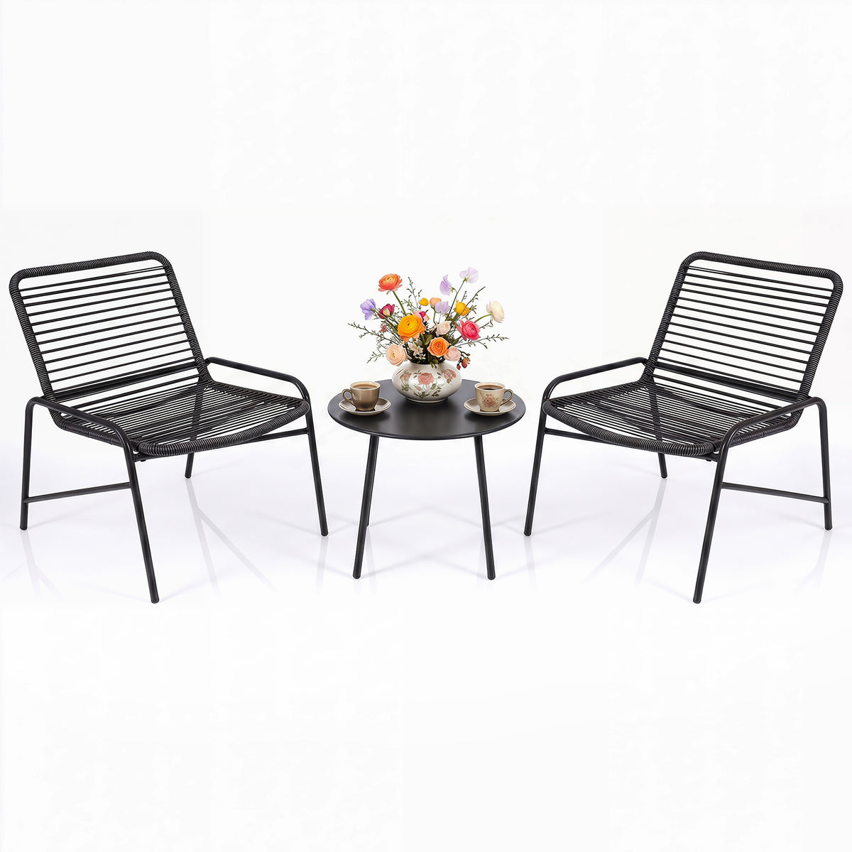 3 Piece Patio Bistro Set Rattan Chairs with Side Table Outdoor Wicker Conversation Set-Black