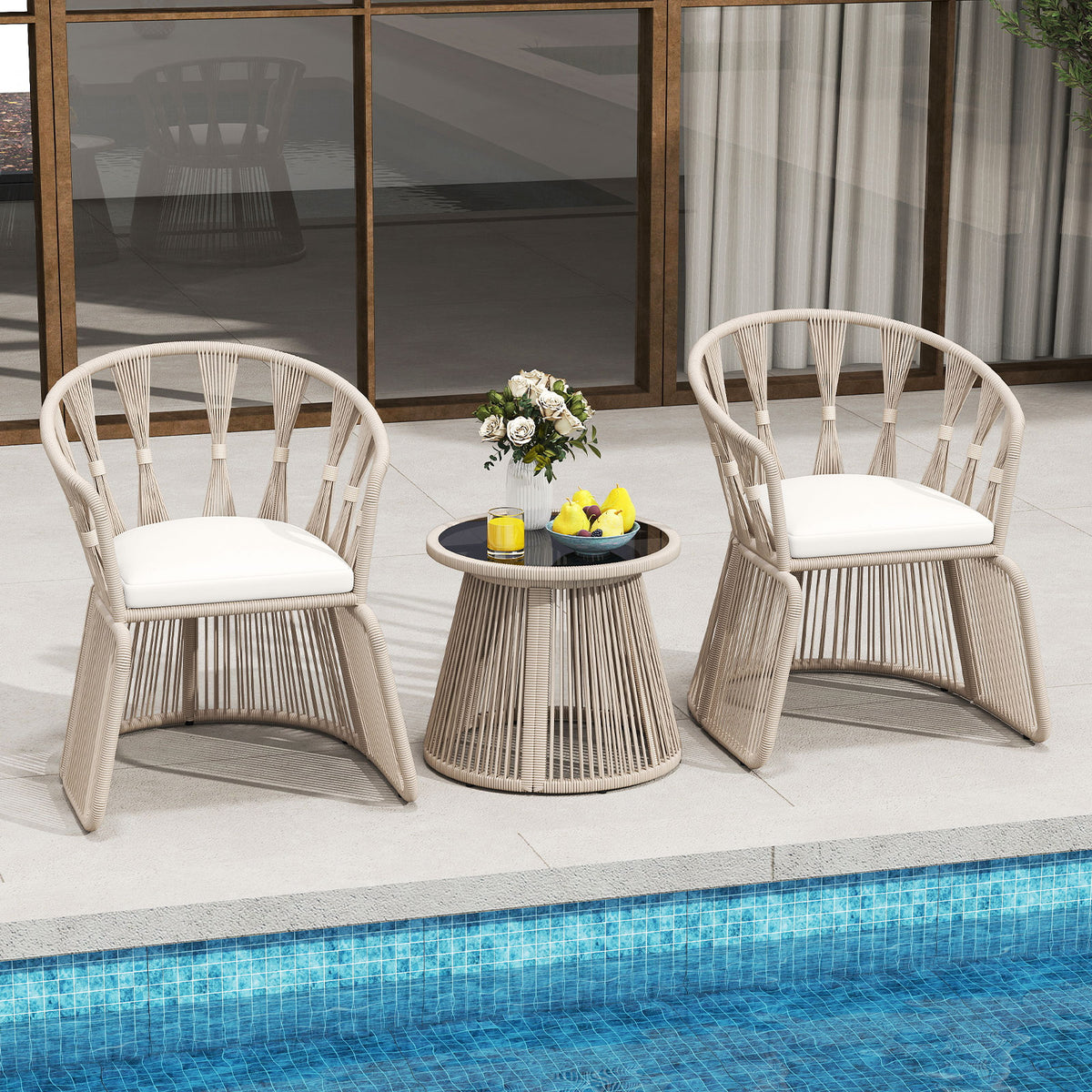 3 Piece Patio Leisure Chair Set Rope-Woven Armchairs and Table Set with Soft Seat Cushions-White