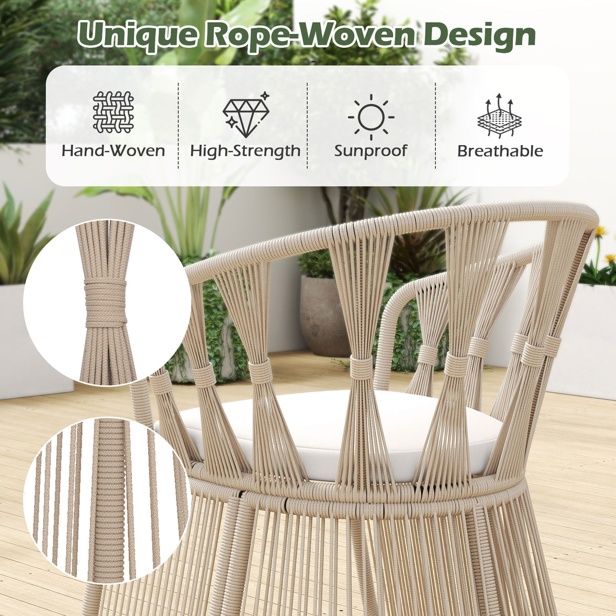 3 Piece Patio Leisure Chair Set Rope-Woven Armchairs and Table Set with Soft Seat Cushions-White
