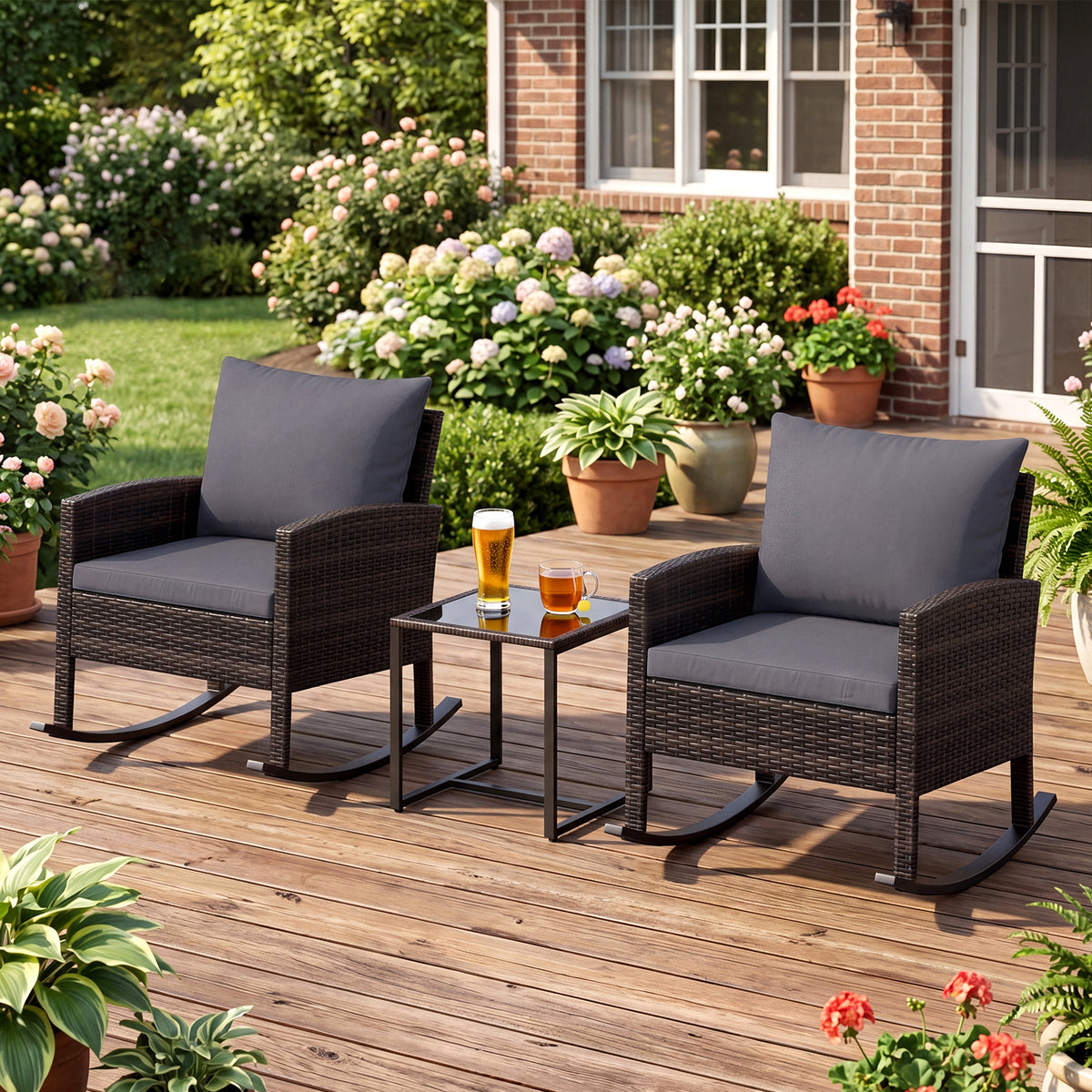 3-Piece Wicker Rocking Bistro Set with Tempered Glass Table and Cushions for Patio-Grey